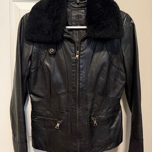 Banana Republic Black Leather Jacket with Shearling Collar Size Small